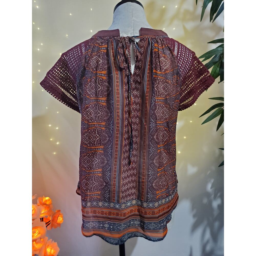 Miss Me Lace Short Sleeve Keyhole Back Tie Boho Semi Sheer Top Womens M Wine